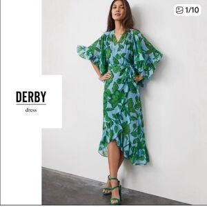 CAbi #5815 Derby Dress 
Green Floral Women's Wrap Dress over 
Navy Sheath Dress